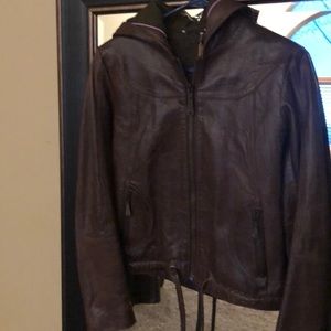 The cutest Doma Brown Leather jacket with hoodie
